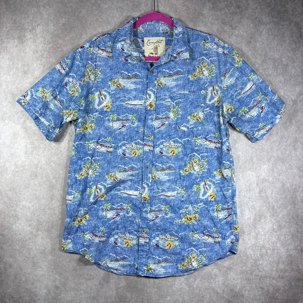 Coastal Shirt Men XL Blue Hawaiian Aloha Tropical Surf Beach Short Sleeve Cotton